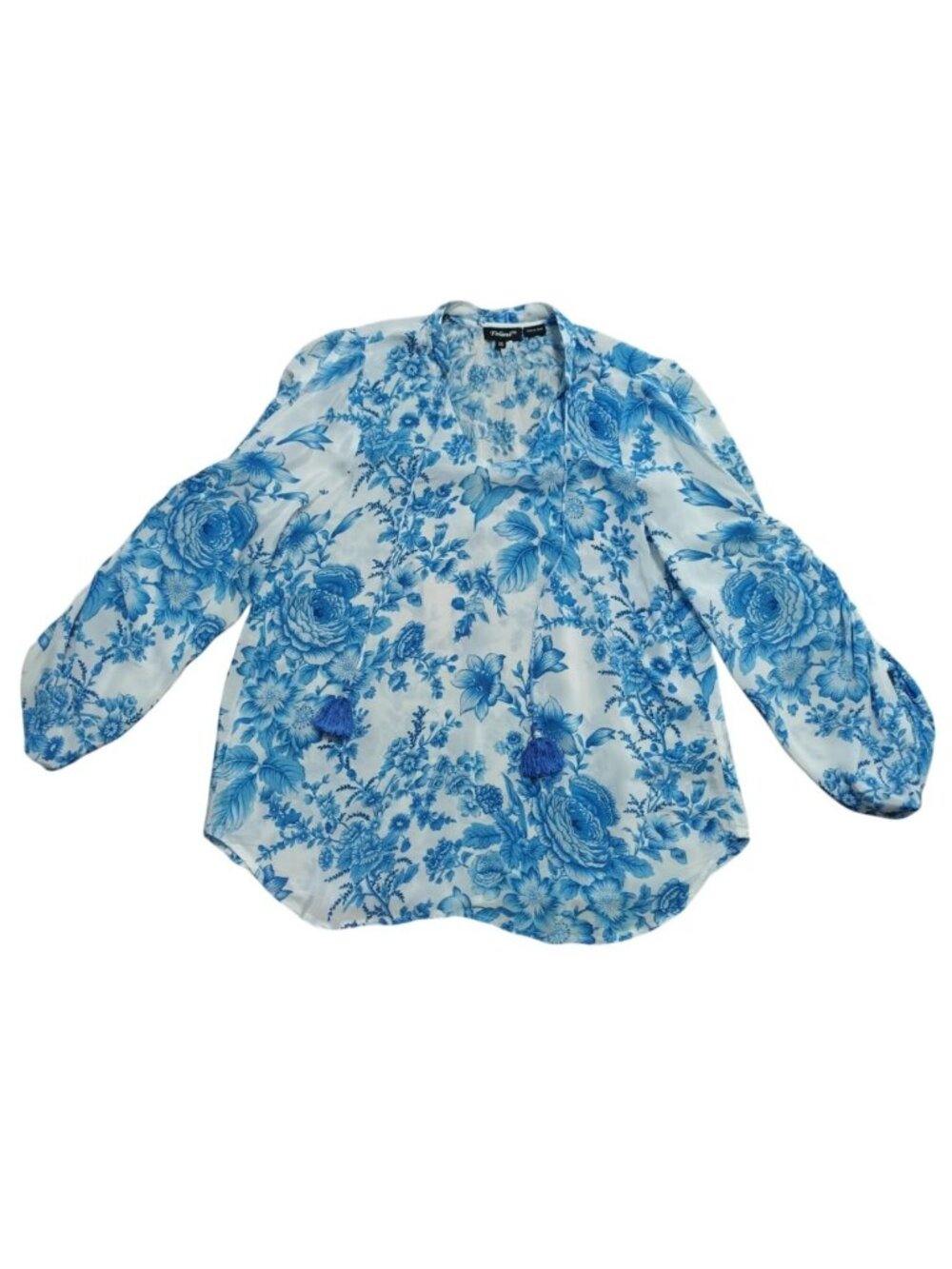 Tolani Womens Floral Boho Blouse XS Blue White Tassel Long Sleeve Oversized Top